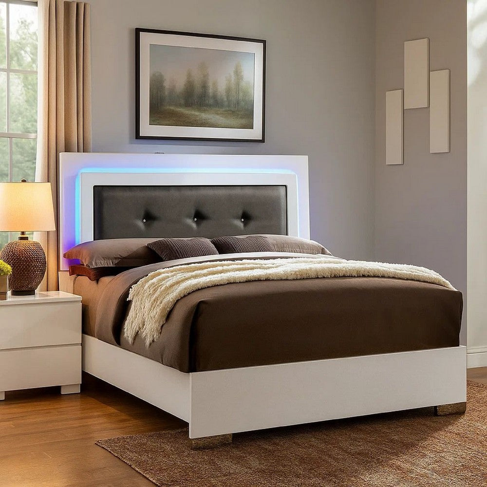 Contemporary Full Bed with LED Trim and Lacquer Coating, White and Gray