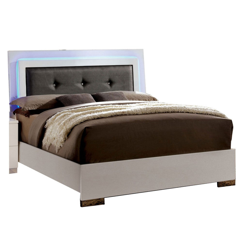 Contemporary Full Bed with LED Trim and Lacquer Coating, White and Gray