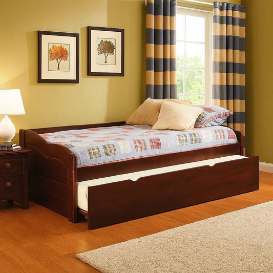 Transitional Wooden Trundle Bed with Bottom Pull Out Bedding, Brown