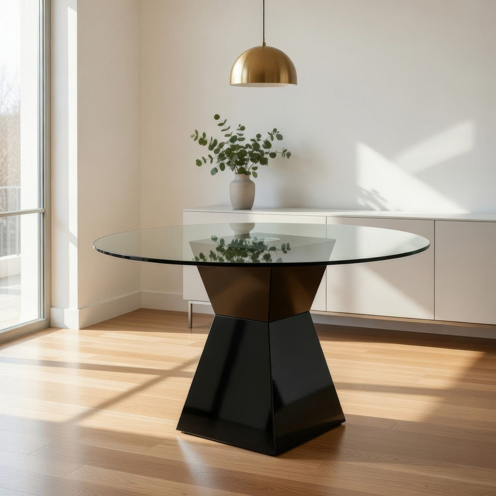 Contemporary Round Glass Dining Table with Square Pedestal Base, Black