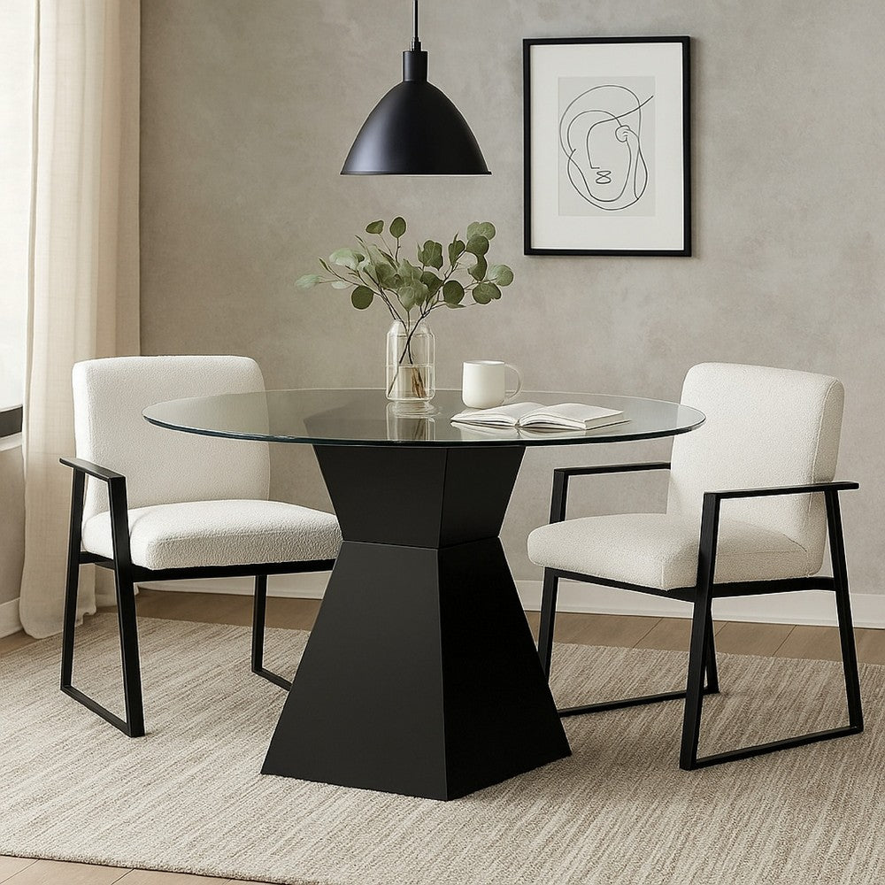 Contemporary Round Glass Dining Table with Square Pedestal Base, Black