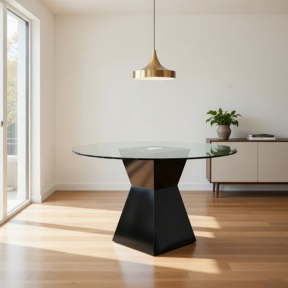 Contemporary Round Glass Dining Table with Square Pedestal Base, Black