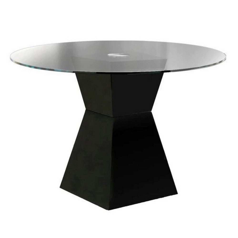 Contemporary Round Glass Dining Table with Square Pedestal Base, Black