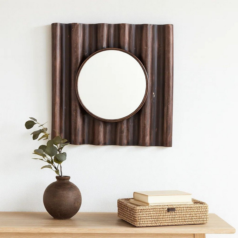 Traditional Style Wooden Round Mirror with Panpipe Style Frame , Brown