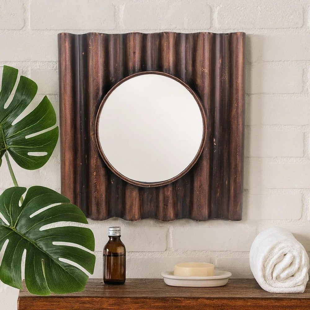 Traditional Style Wooden Round Mirror with Panpipe Style Frame , Brown