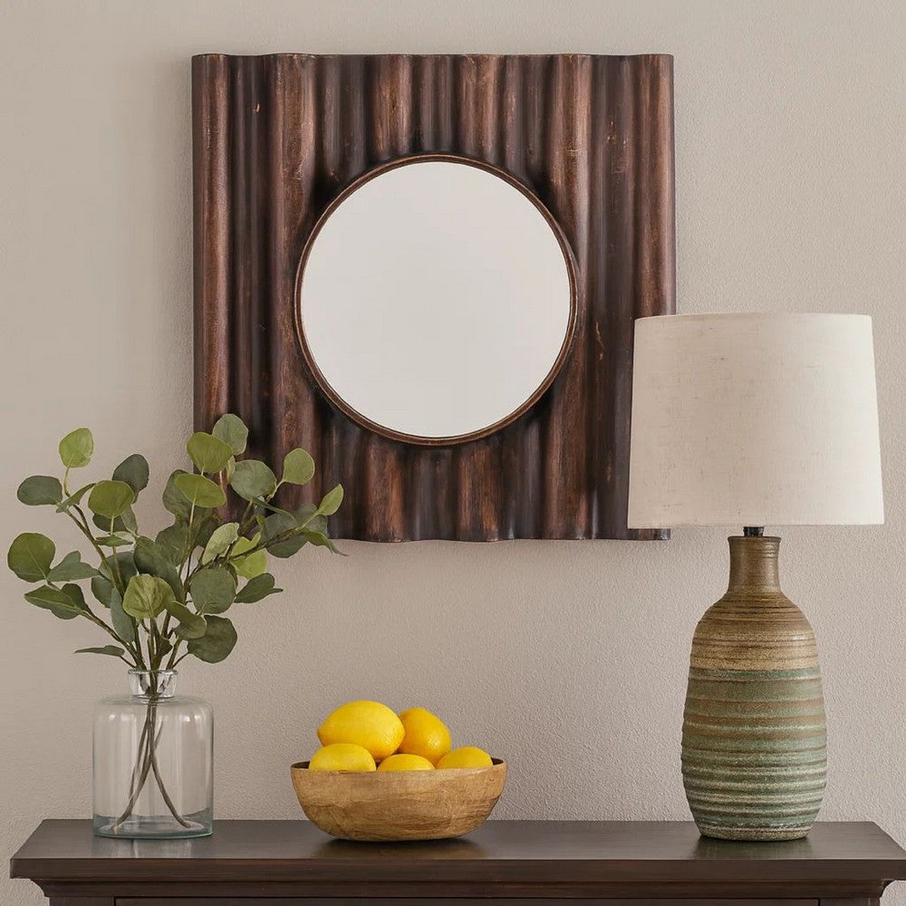 Traditional Style Wooden Round Mirror with Panpipe Style Frame , Brown