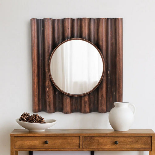 Traditional Style Wooden Round Mirror with Panpipe Style Frame , Brown