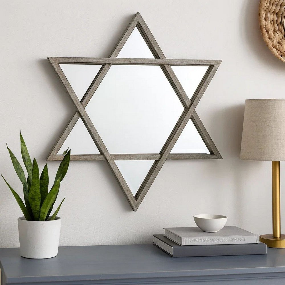 Transitional Wooden Wall Mirror with Hexagram Shape Design, Brown