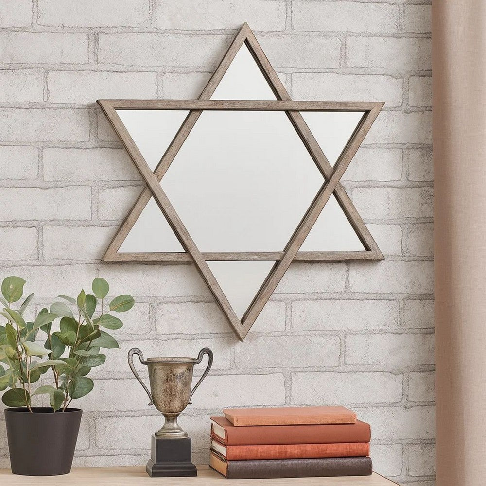 Transitional Wooden Wall Mirror with Hexagram Shape Design, Brown