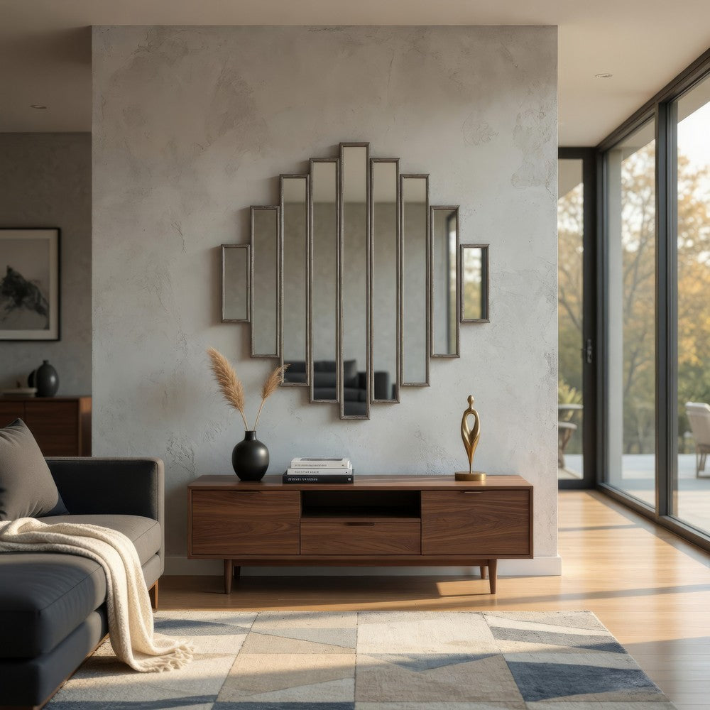 Wooden Wall Mirror with Multiple Framed Sculptures, Silver
