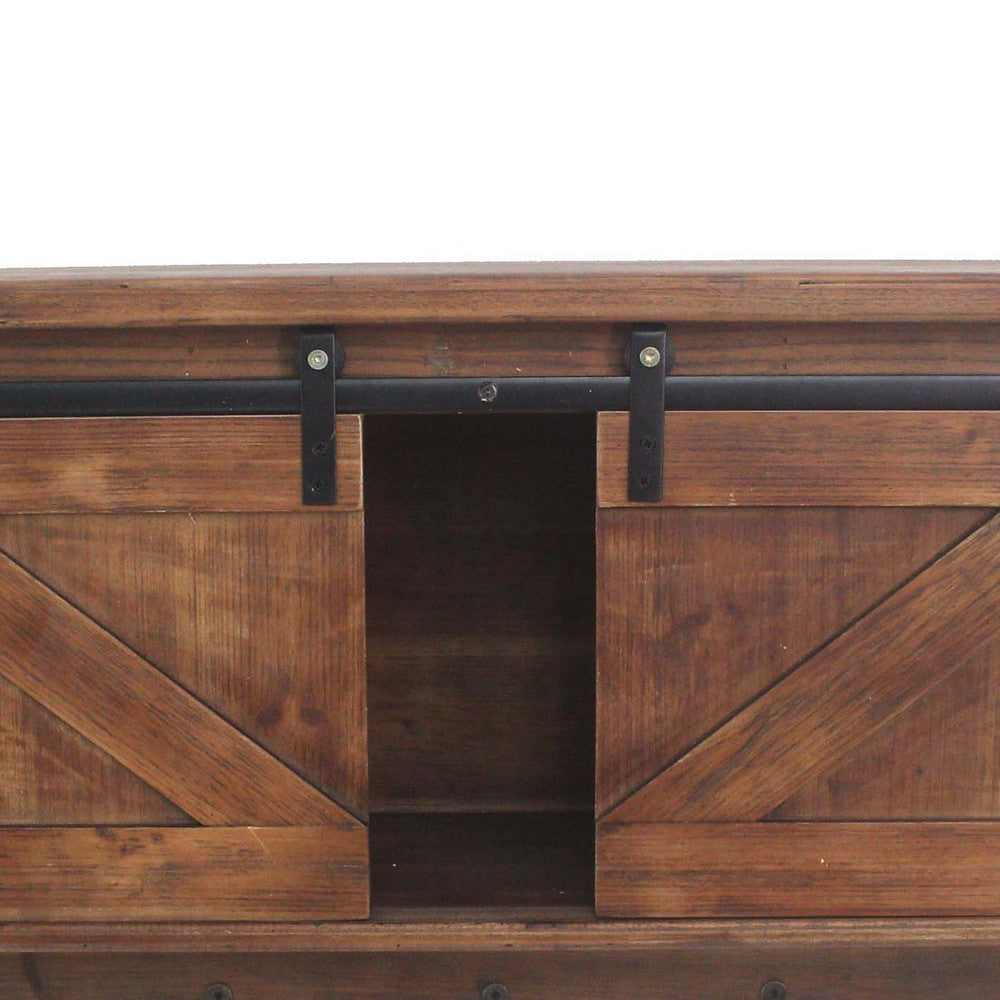 Wooden Wall Storage with 2 Sliding Doors and 5 Metal Hooks Brown BM209120