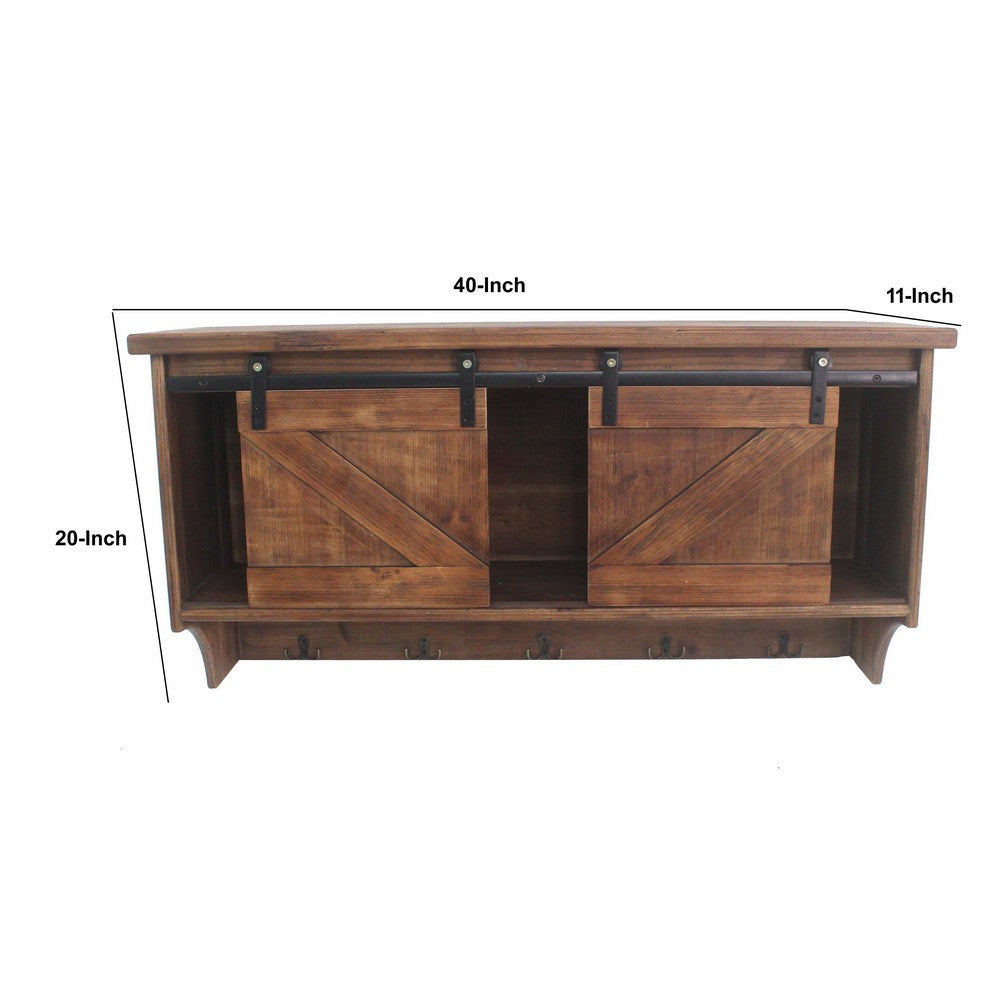 Wooden Wall Storage with 2 Sliding Doors and 5 Metal Hooks Brown BM209120