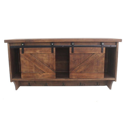 Wooden Wall Storage with 2 Sliding Doors and 5 Metal Hooks, Brown