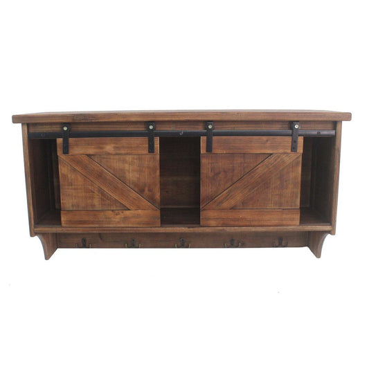 Wooden Wall Storage with 2 Sliding Doors and 5 Metal Hooks, Brown