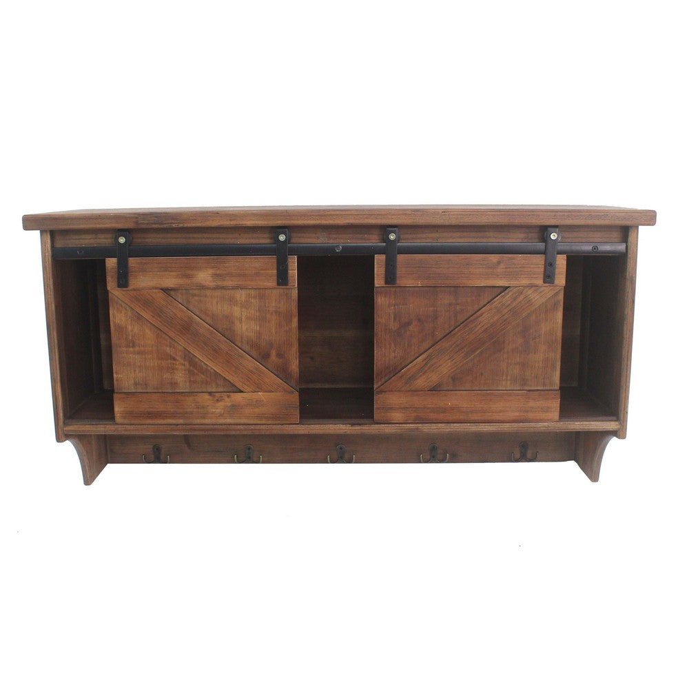 Wooden Wall Storage with 2 Sliding Doors and 5 Metal Hooks, Brown