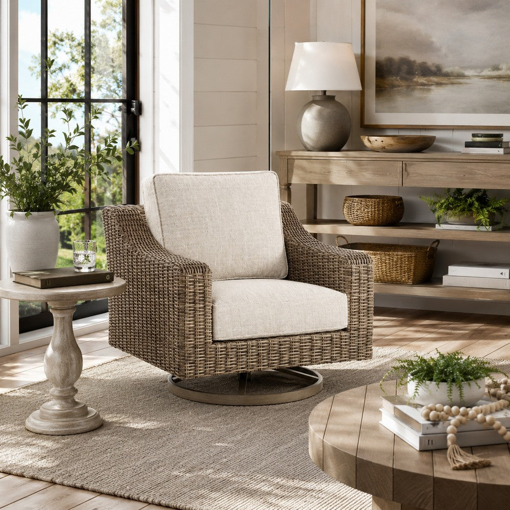 Swivel Chair | Resin Wicker | Cushioned Seat | Brown & Beige