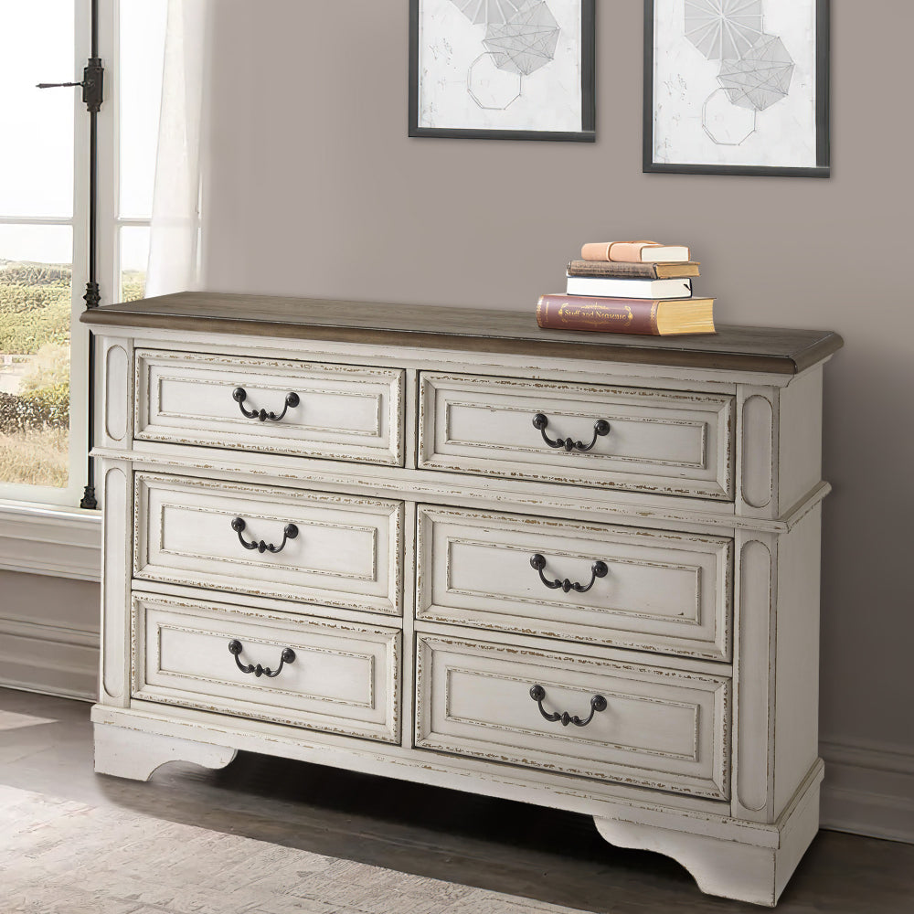 Wooden Dresser with 6 Storage Drawers and Bracket Feet Antique White By Casagear Home BM209300