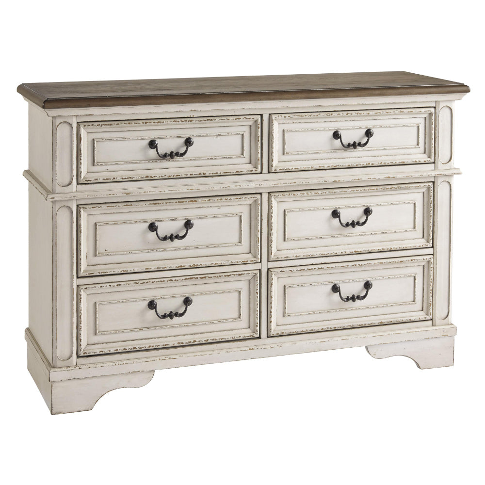 Wooden Dresser with 6 Storage Drawers and Bracket Feet, Antique White By Casagear Home