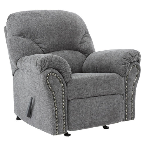 Rocker Recliner | Fabric Upholstered | Nailhead Trim | Gray
