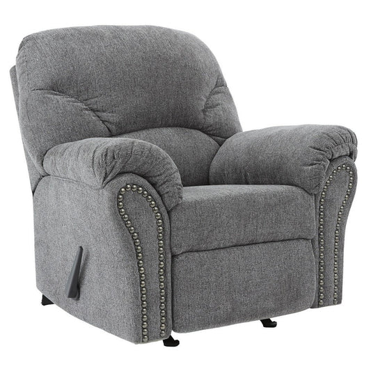 Rocker Recliner | Fabric Upholstered | Nailhead Trim | Gray