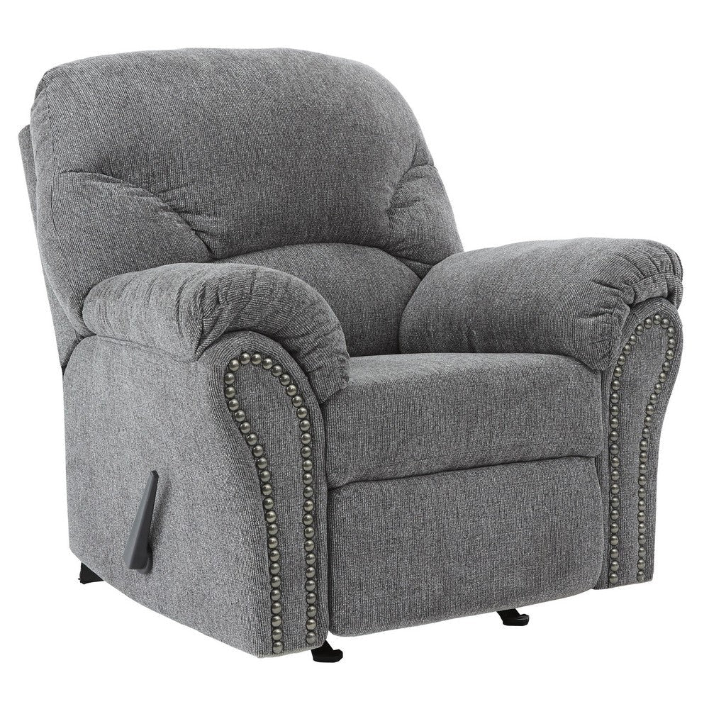 Rocker Recliner | Fabric Upholstered | Nailhead Trim | Gray