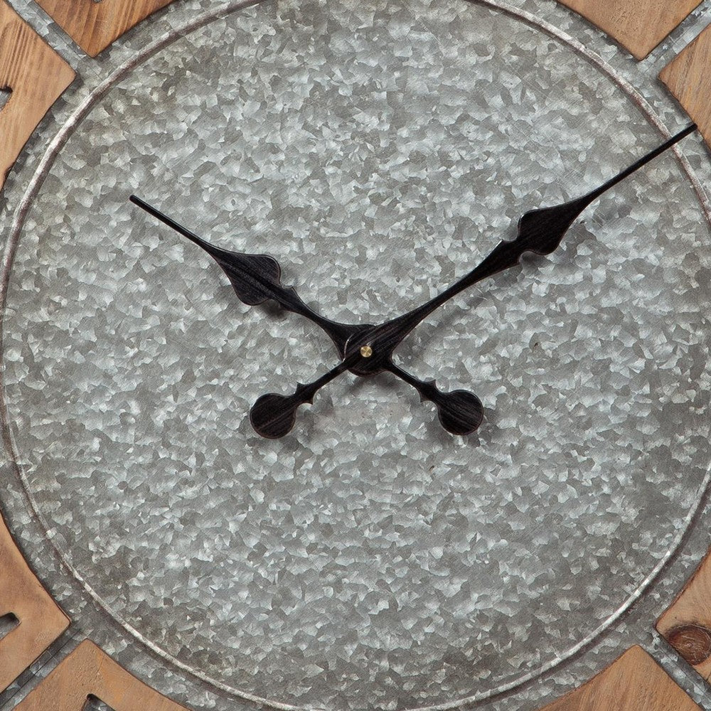Wall Clock | Round Wood Frame | Metal Accents | Brown & Gray