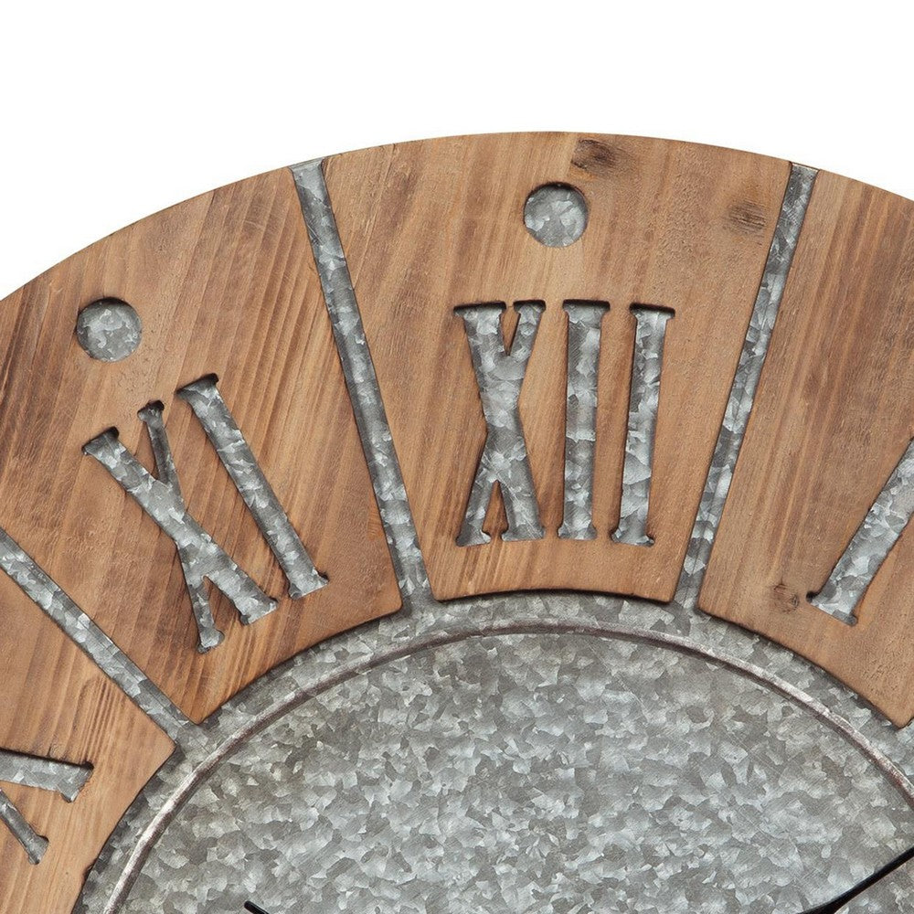 Wall Clock | Round Wood Frame | Metal Accents | Brown & Gray