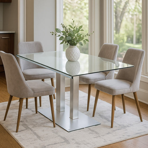Dining Table | Metal & Glass | Dual Pedestal Base | Chrome
