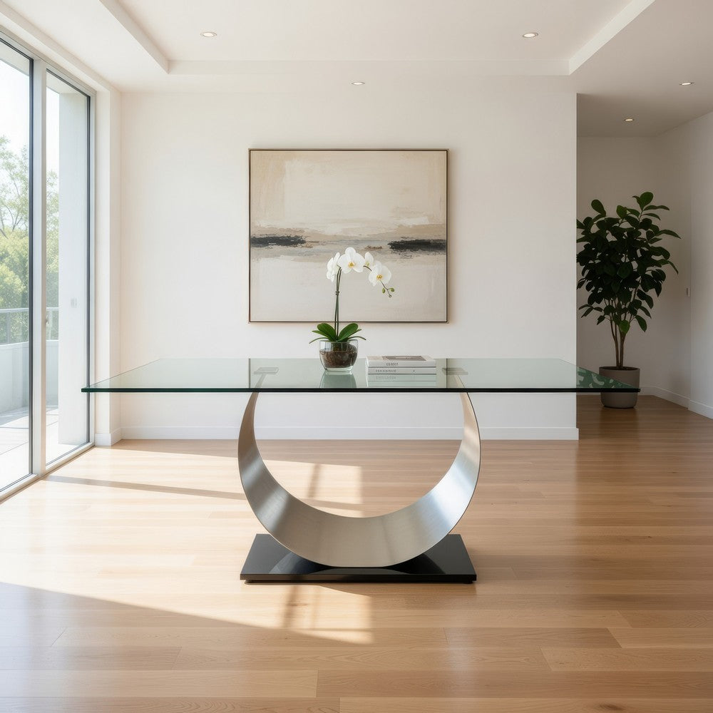 Dining Table | Glass Top | U Shape Pedestal | Chrome & Black