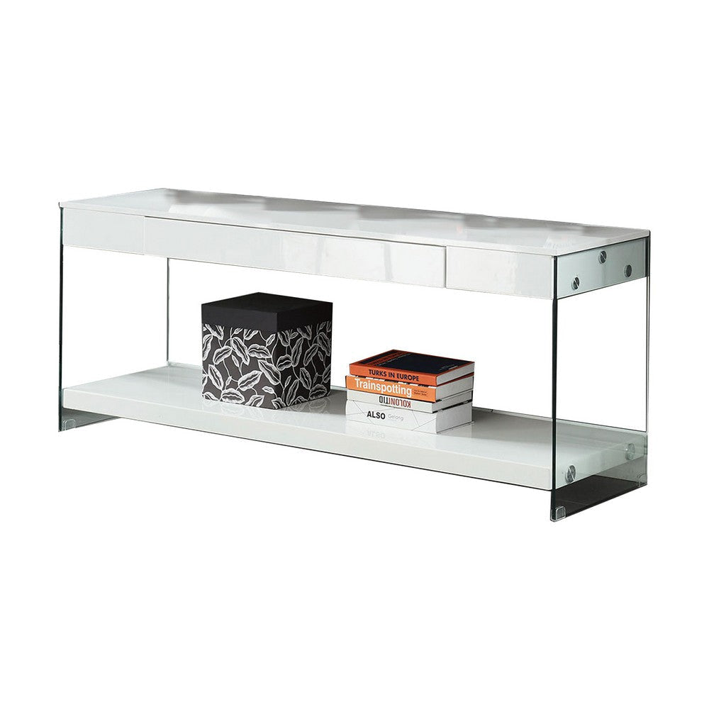 Wood and Glass TV Stand with Two Drawers, White