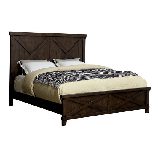 Wooden Queen Size Bed with Barn Style Plank Headboard and Footboard, Brown By Casagear Home