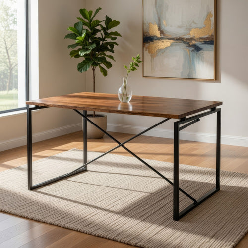 Dining Table | Rectangular Wood Top | X Metal Base | Black & Brown