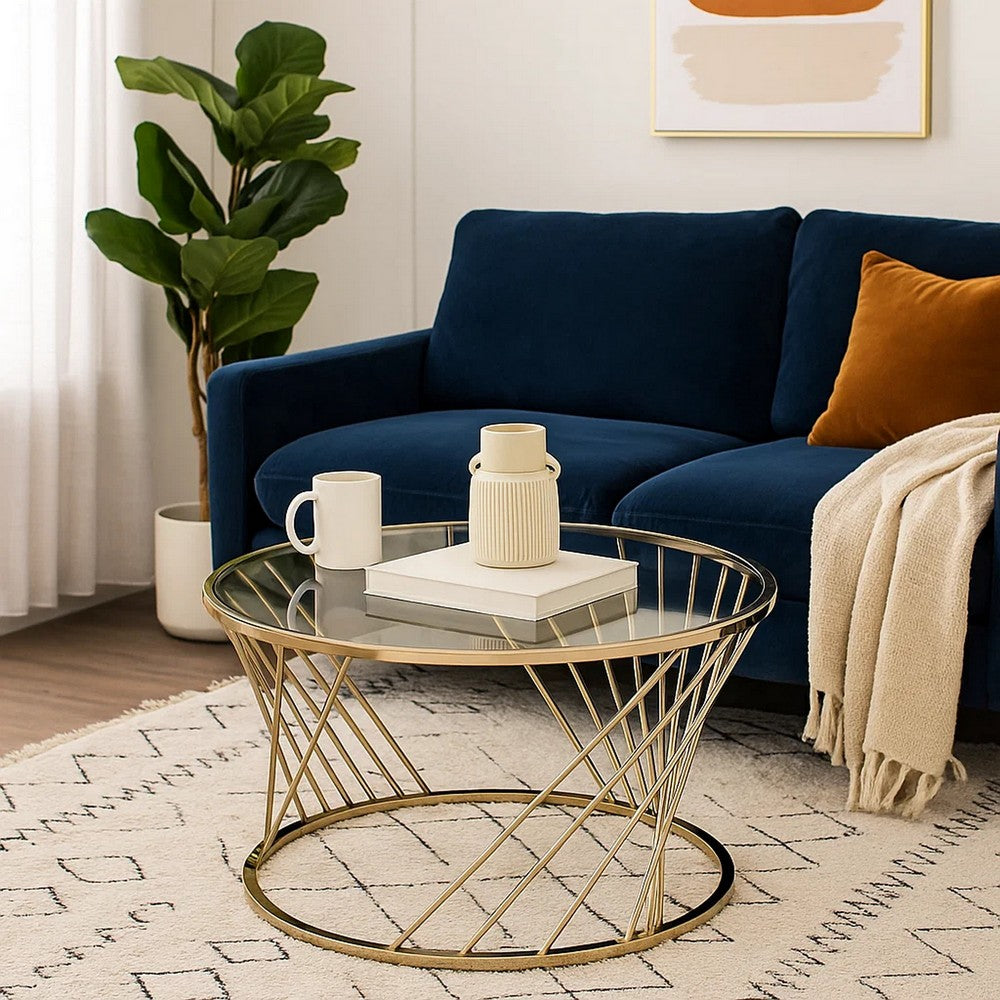 Contemporary Coffee Table with Twisted Metal Base and Round Glass Top, Gold