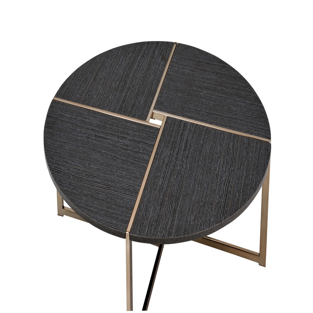 Coffee Table with X Shaped Metal Base and Round Wooden Top, Gold and Gray
