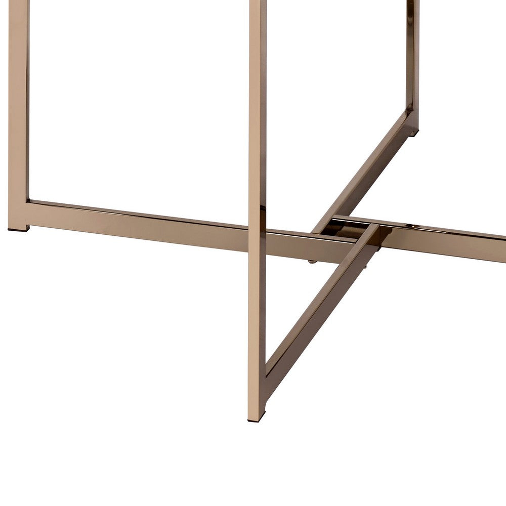 Coffee Table with X Shaped Metal Base and Round Wooden Top, Gold and Gray