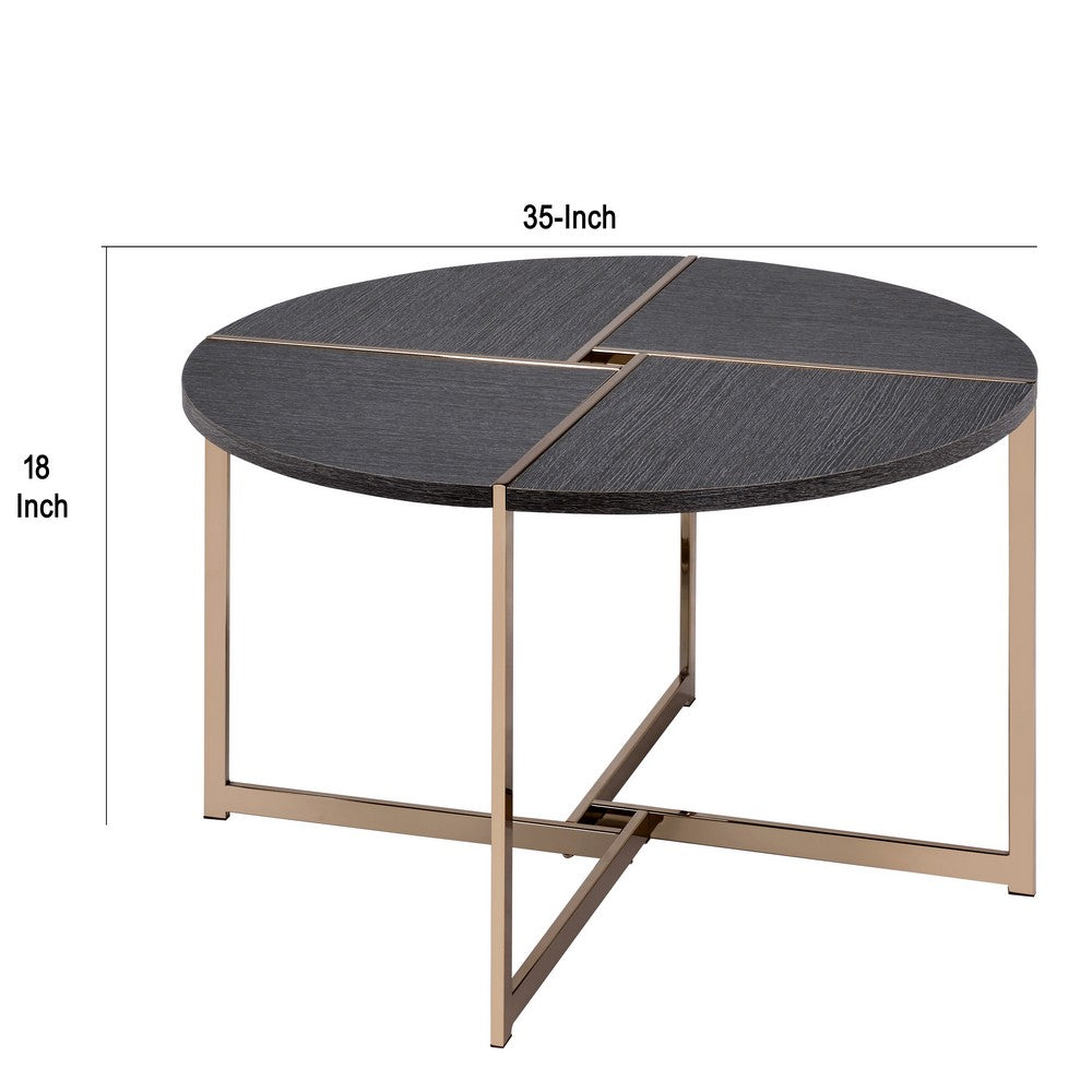 Coffee Table with X Shaped Metal Base and Round Wooden Top, Gold and Gray