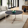Coffee Table with X Shaped Metal Base and Round Wooden Top, Gold and Gray