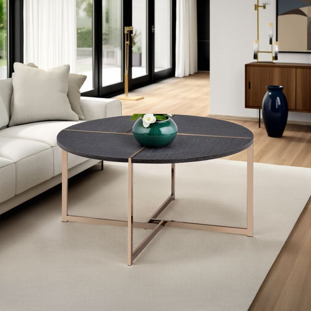 Coffee Table with X Shaped Metal Base and Round Wooden Top, Gold and Gray