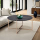 Coffee Table with X Shaped Metal Base and Round Wooden Top, Gold and Gray