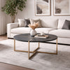 Coffee Table with X Shaped Metal Base and Round Wooden Top, Gold and Gray