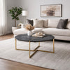 Coffee Table with X Shaped Metal Base and Round Wooden Top, Gold and Gray