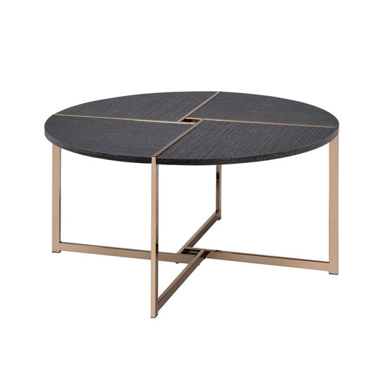 Coffee Table with X Shaped Metal Base and Round Wooden Top, Gold and Gray By Casagear Home