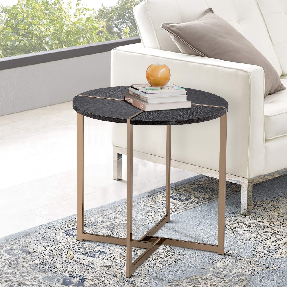 End Table with X Shaped Metal Base and Round Wooden Top, Gold and Gray By Casagear Home