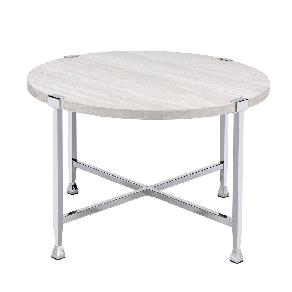 Coffee Table with X Shaped Metal Base and Round Wooden Top,Silver and Beige BM209592