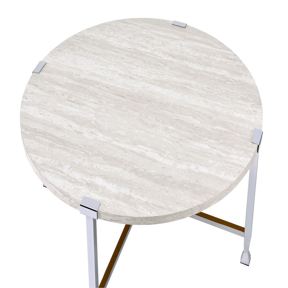 Coffee Table with X Shaped Metal Base and Round Wooden Top,Silver and Beige BM209592