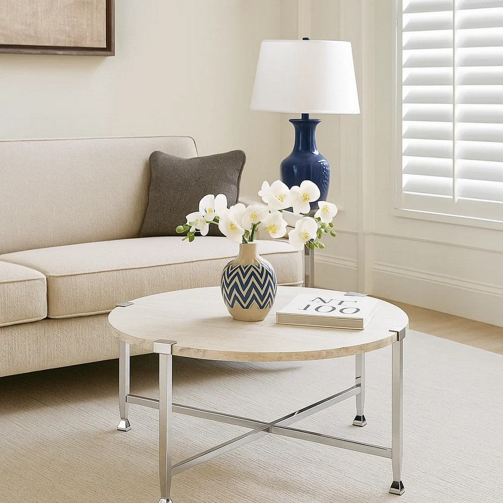 Coffee Table with X Shaped Metal Base and Round Wooden Top,Silver and Beige