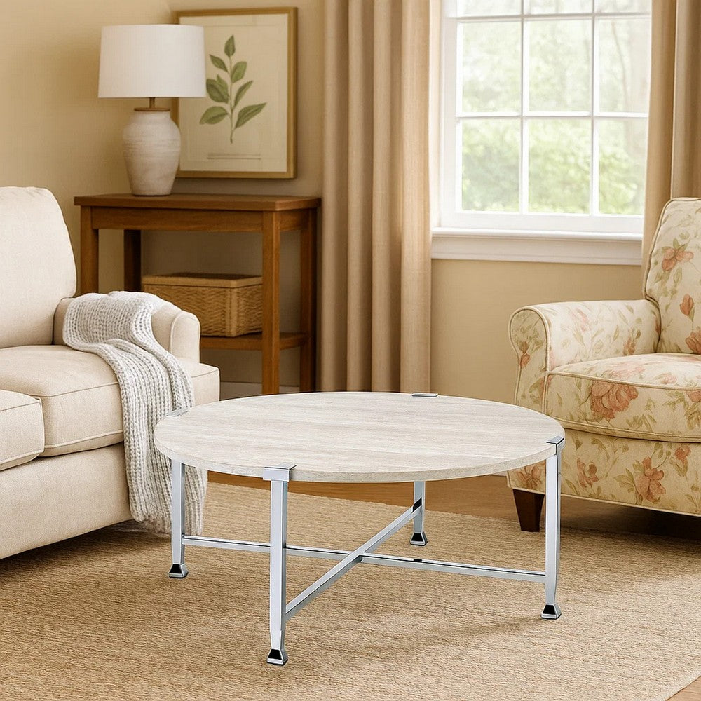 Coffee Table with X Shaped Metal Base and Round Wooden Top,Silver and Beige