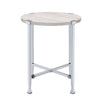 End Table with X Shaped Metal Base and Round Wooden Top,Silver and Beige BM209593