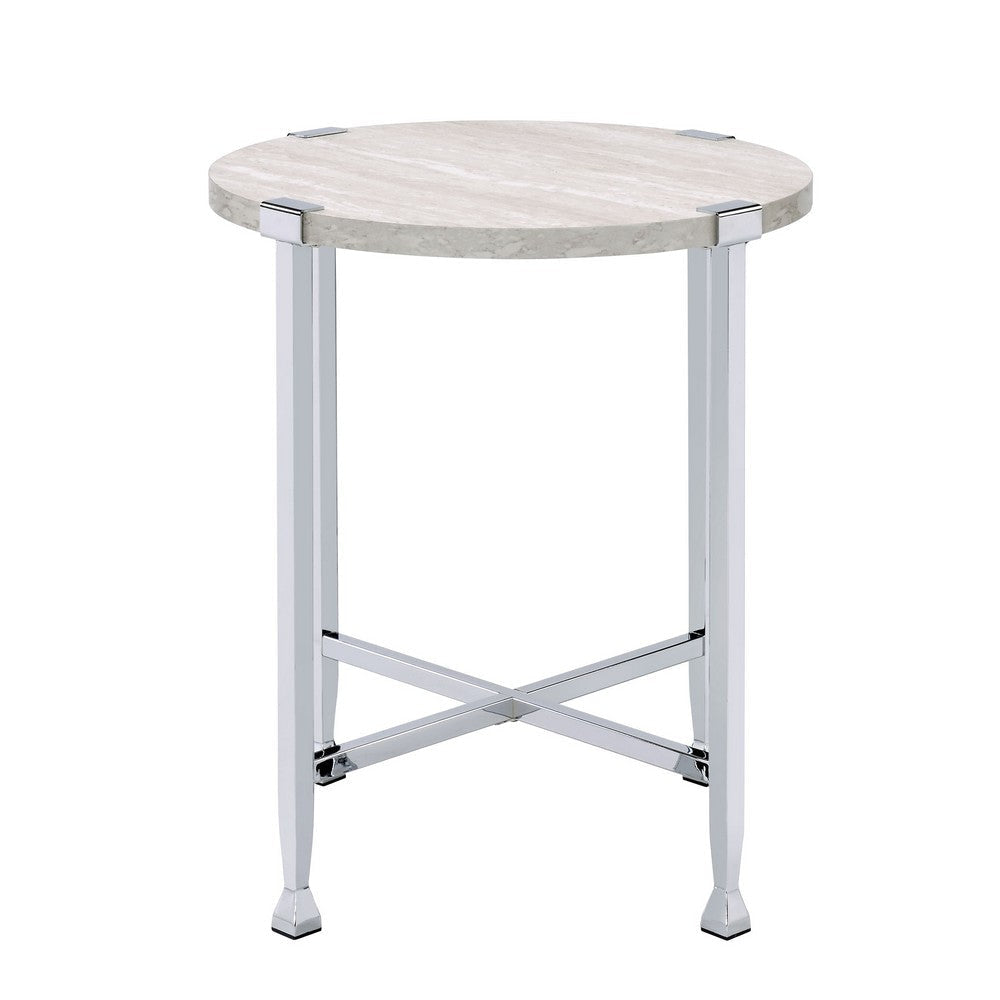End Table with X Shaped Metal Base and Round Wooden Top,Silver and Beige BM209593