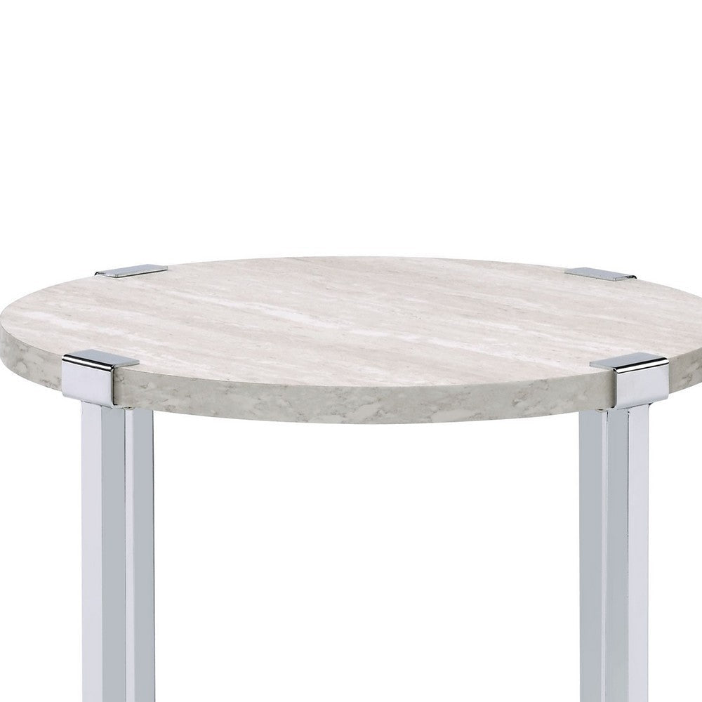 End Table with X Shaped Metal Base and Round Wooden Top,Silver and Beige BM209593